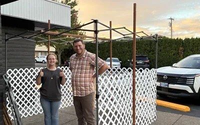 Rabbi Phil Bressler, of Beit Am in Corvallis, Ore., at the Oregon Hillel Foundation’s new sukkah after its previous one was stolen on either Sept. 28 or 29, 2026. (Credit: Courtesy of the Oregon Hillel Foundation)