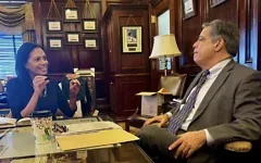 Andrea Martin meets with Pennsylvania state senator Jay Costa, who supported her nomination to the Pennsylvania Human Relations Commission, about the position. (Credit: Courtesy, via JNS)