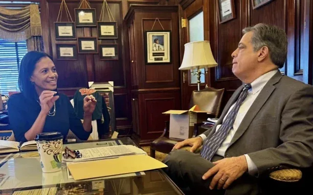 Andrea Martin meets with Pennsylvania state senator Jay Costa, who supported her nomination to the Pennsylvania Human Relations Commission, about the position. (Credit: Courtesy, via JNS)