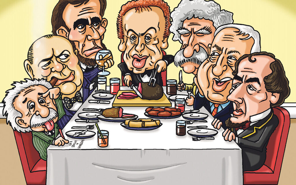Abraham Lincoln, Winston Churchill, Albert Einstein, Mark Twain, Ariel Sharon, and Benjamin Disraeli would be at Jackie's dinner table. (Cartoon by Paul Solomons)