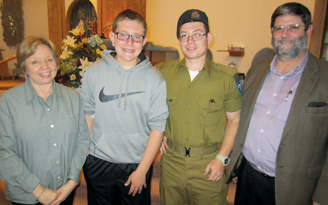 Judy Kuper Jaffe, Joshua Spodek, Eldad, and Rabbi Randall Mark at Shomrei Torah in Wayne. (Shomrei Torah)