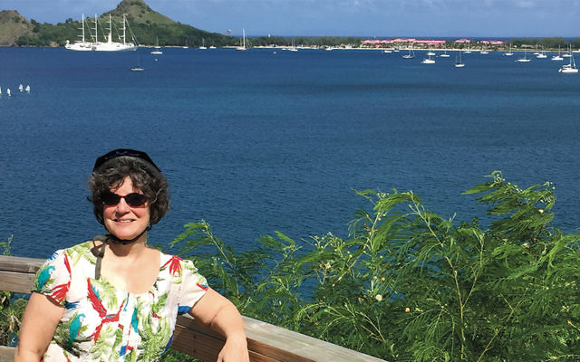 Lois Goldrich goes on cruise control while enjoying the backdrop of a Caribbean harbor.