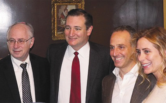 Norpac’s president, Dr. Ben Chouake, left, stands next to Republican presidential hopeful Ted Cruz. Ben and Batya Klein, right, hosted the fund-raiser in their Englewood home. (Avi Schranz/Norpac)