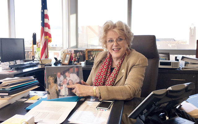 Las Vegas Mayor Carolyn Goodman, showing a family photo in her office last week, says the “Clinton names means a whole lot here.” (Ron Kampeas)