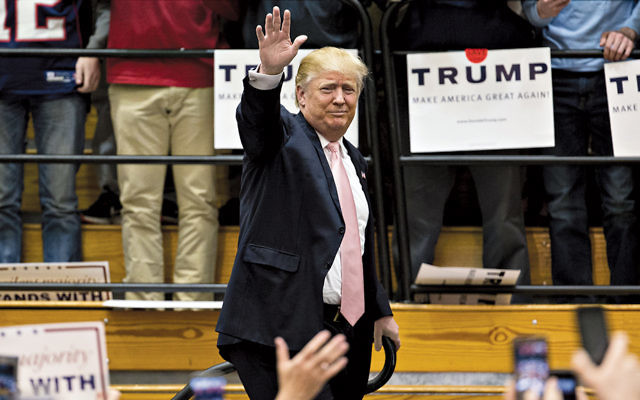 Presumptive Republican presidential nominee Donald Trump arrives at a rally at Radford University in Virginia on February 29.