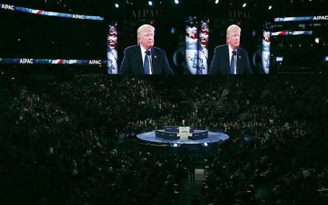 Donald Trump addresses AIPAC’s annual policy conference in Washington on March 21. (Alex Wong/Getty Images)