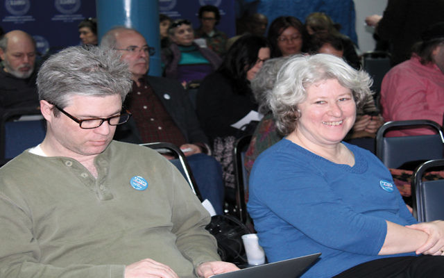 Charles Lenchner of Brooklyn, left, and Rabbi Iris Richman, a founder of Rabbis for Bernie, were at a Jewish Sanders campaign brunch in Manhattan on April 10. (Uriel Hellman)
