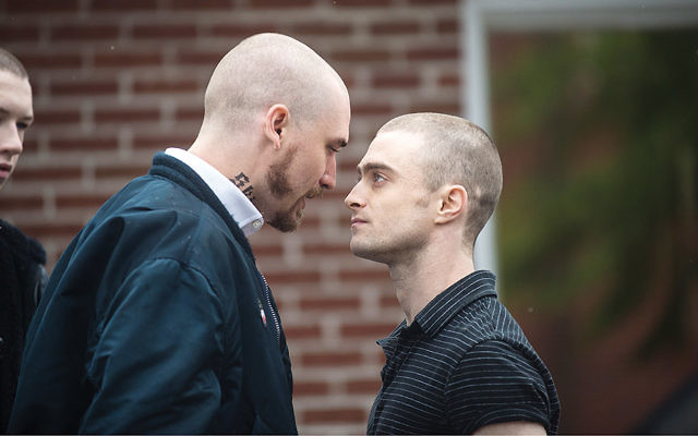 Daniel Radcliffe, right, in a scene from “Imperium,” in which he plays an FBI agent going undercover as a neo-Nazi. (Lionsgate Premiere)