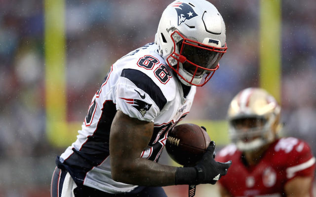 Martellus Bennett of the New England Patriots, shown here in a 2016 game against the San Francisco 49ers, is one of four players who has opted out of a Israeli government-sponsored trip to Israel. (Ezra Shaw/Getty Images)