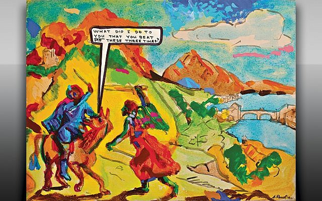 Archie Rand’s painting illustrates the biblical story of Balaam beating his
donkey for knowing too much. (Jewish Art Salon)