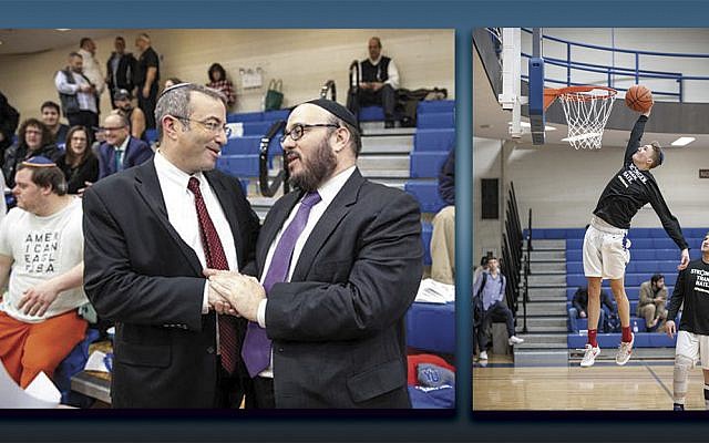 Left, YU’s president, Dr. Ari Berman, left, and Rabbi Daniel Yolkut of Congregation Poale Zedeck in Pittsburgh. YU players warm up before the game honoring victims of the Pittsburgh synagogue shootings. (Photos courtesy YU)