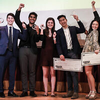 From left, scholar athletes Kelsey Koehler, Alexander Vardy, Raehash Shah, Emma McKeon, Walter Chang, and Casey Lam are with the JCC’s board chair, Jodi Scherl.