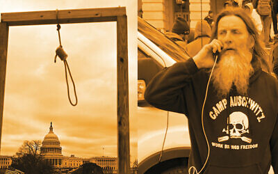 Two scenes from the Jan. 6, 2021 rioting: A noose hung by pro-Trump insurgents and a man wearing a “Camp Auschwitz” sweatshirt, seen on Reddit.