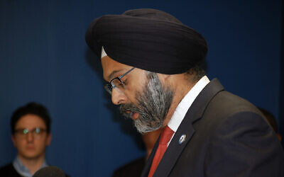 New Jersey Attorney General Gurbir Grewal, shown in December 2019, said "we will not allow some vocal residents’ intolerance to drive local government decisions.” (Laura E. Adkins / JTA)