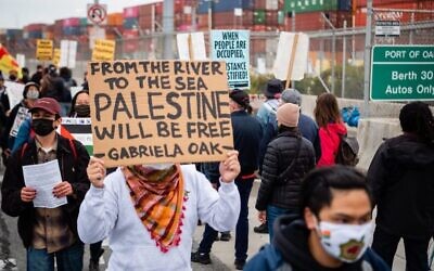 Protesters at the Port of Oakland on June 4, 2021, where they halted a container ship owned by the Israel-based Zim Integrated Shipping Services Ltd. in a campaign tied to the BDS movement. (Brooke Anderson via J: Jewish News of Northern California)
