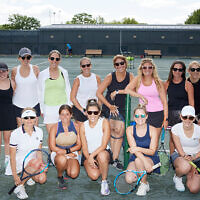 Tennis players: Front row, Lana Ostrowski, Danielle Claisse, Abby Gruman, Melanie Punia, and Jacqueline Pollack. Back row, Vivian Holzer; Erin Kane, Marissa Scharfberg, Stephanie Abramow, Audrey Kent, Tina Lieberman, Games & Tennis co-chairs and incoming Play Fore! The Kids co-chairs Jillian Somberg and Jenna Gutmann, Jennifer Glodowski, Erica Polavieja, and Dara Smith.