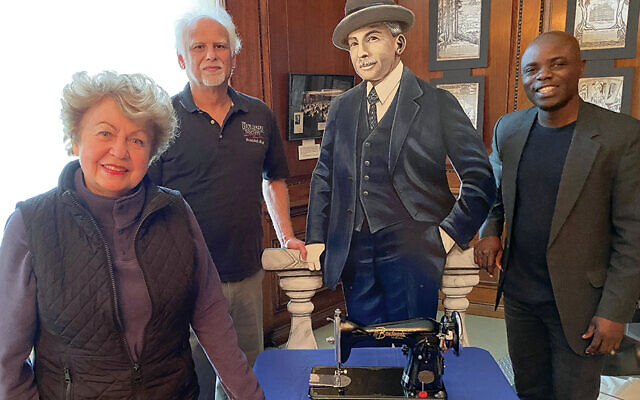 Linda Forgosh, left, with Steven Tettamanti, a life-size cut out of department store owner Louis Bamberger, and James Amemasor. 
(Courtesy NJHS)