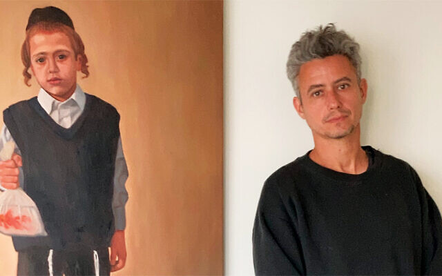 Alex Tubis stands near one of his works, “Boy with Goldfish,” which he made for Akiva Shtisel. (Photos courtesy Alex Tubis)