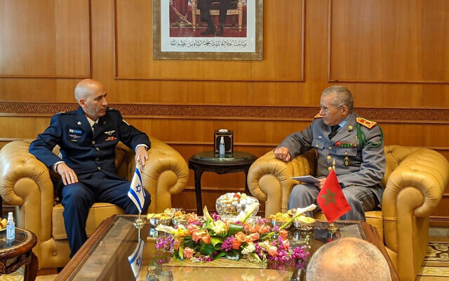 Tal Kelman, left, head of the Strategic Division of the IDF Planning Directorate, meets with Belkhir El Farouk, Inspector General of the Royal Moroccan Armed Forces in Rabat, March 25 2022. (IDF)