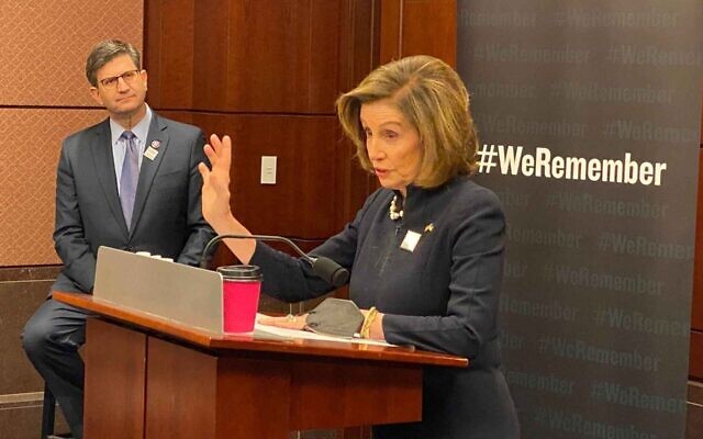 House Speaker Nancy Pelosi speaks while Rep. Brad Schneider looks on at a Yom Hashoah commemoration in the Capitol, April 27, 2022. (Office of Brad Schneider)