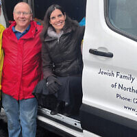 The Jewish Family & Children’s Services of Northern NJ van picks up food. From left, Bruce Ackerman of Oakland; Matthew Coolidge, owner of Units NNJ Moving and Portable Storage; and Stacey Frenkel of JFCS.