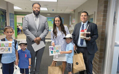 The security guards at Ben Porat Yosef in Paramus got cards and treats from Daniella Spier of Englewood and her children, Sammy, Isaac, and Jacob, who attend the school.