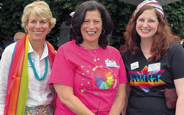 State Assemblywoman Lisa Swain, left, with Fair Lawn Councilwoman Gail Rottenstrich and Rabbi Rachel Salston at the pride gathering.