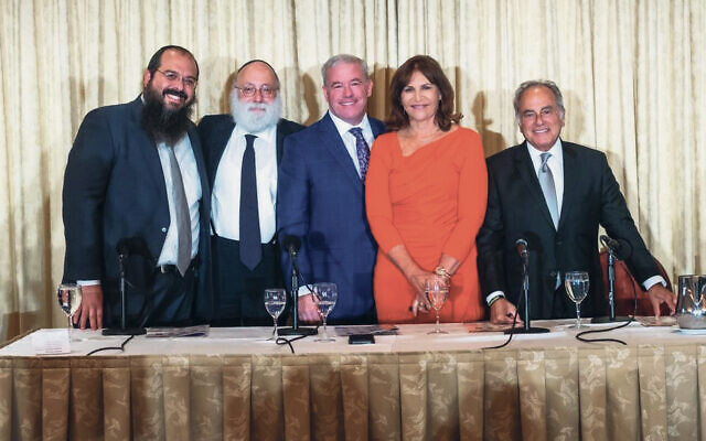 From left, Rabbi Shalom Lubin, Rabbi Simon Jacobson, Jeffrey S. Chiesa, Karen Kessler, and Ben Brafman. (Courtesy Jewish Law Symposium)