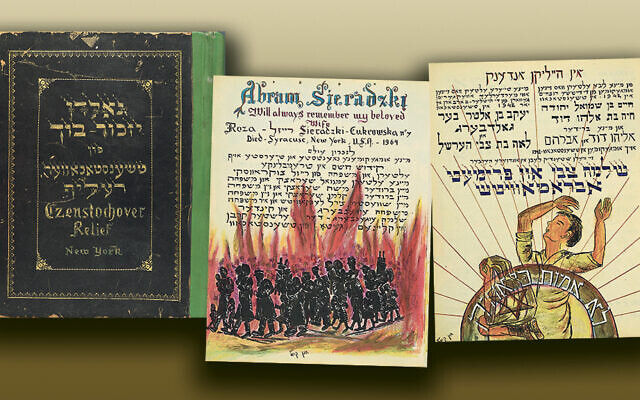 Far left, the cover of the yizkerbukh that Chonon Kiel created, along with illustrations he drew in memory of families that had connections to Czenstochov, Poland. (All images courtesy of Rabbi Mark W. Kiel)