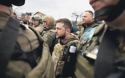 Ukraine’s president, Volodymyr Zelensky, is in the retaken city of Bucha in April.