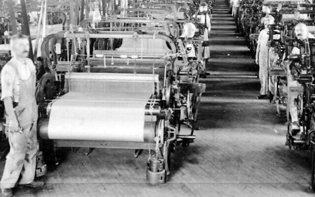 Weaving plain silk cloth — hundreds of automatic looms in a modern American silk mill in Paterson. (Courtesy PMF)