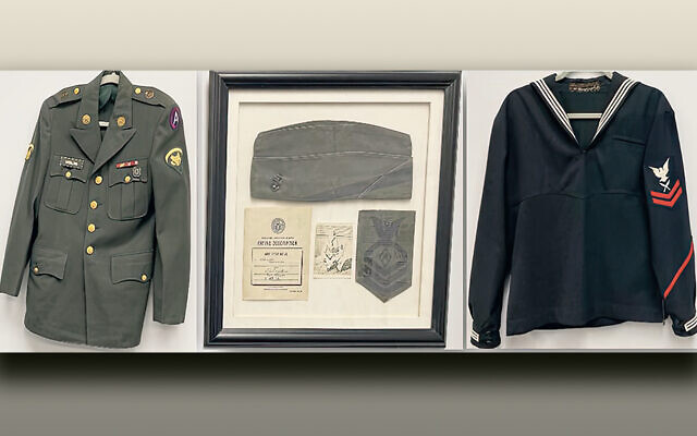 Memorabilia, from left, includes the uniform of Chuck Oremland of Butler, who served in the National Guard during the Vietnam War; war items belonging to Joe Rich, z’l, center, formerly of Paterson, a Navy World War II veteran stationed in Norfolk, VA; and right, the Navy uniform of Bill Harris of Fair Lawn, who served in the Vietnam War.