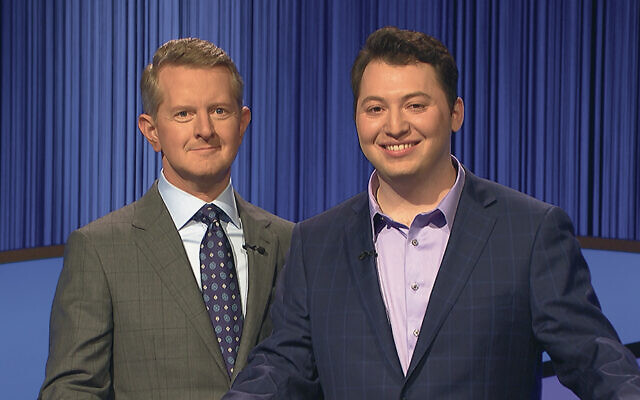 Ittai Sopher, right, stands with Jeopardy host Ken Jennings. (Courtesy of Jeopardy Productions, Inc.)