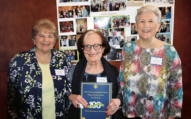 Bea Podorefsky is flanked by two past section presidents — Elaine Pollack, left, and Ann Levenstein.