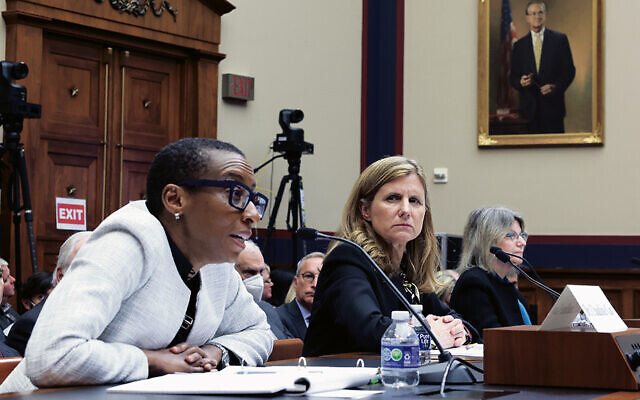 From left, three college presidents — Harvard’s Claudine Gay; Liz Magill, then of the University of Pennsylvania; and MIT’s Sally Kornbluth, testify before the House Education and Workforce Committee on December 5, 2023. (Kevin Dietsch/Getty Images)