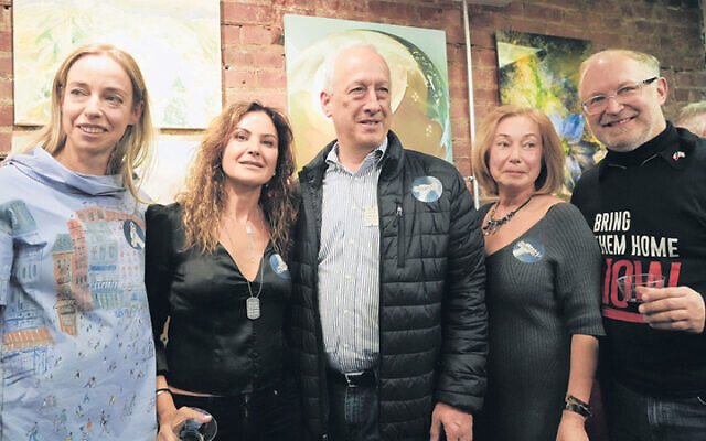 From left, Artists for Israel co-founder Victoria Tentler-Krylov, Israel activist Orly Chen of Tenafly, Tenafly Mayor Mark Zinna, Artists for Israel co-founder Olga Roginkin, and exhibiting artist Jiri Boudnik.