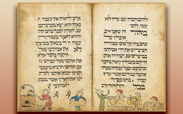 In these pages from the Birds’ Head Haggadah, Jews with birds’ heads and odd hats bake matzah.