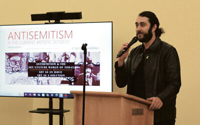 Artist Peter Shamah speaks at Anshe Emeth Memorial Temple in New Brunswick last month. (Ethan Reiss) Artist Peter Shamah speaks at Anshe Emeth Memorial Temple in New Brunswick last month. (Ethan Reiss)