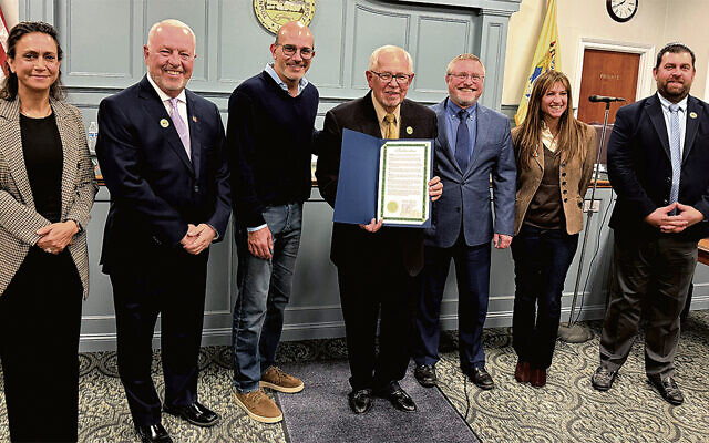 Wyckoff Commissioners Mae Bogdansky and Roger Lane; Temple Beth Rishon president Jeff Greene; Wyckoff Mayor Rudy Boonstra; TBR’s rabbi, Joshua Waxman; TBR’s cantor, Nancy Dubin; and Commissioner Peter Melchionne are at Wyckoff Town Hall on October 21.