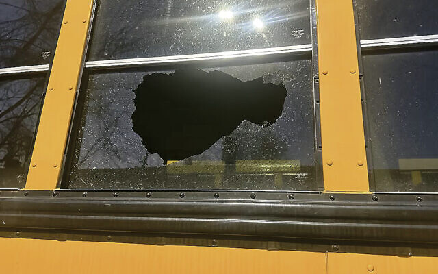 The Yeshivat Noam third-grader was sitting next to this window when a rock thrown through it fractured her skull. (New Jersey State Police) The Yeshivat Noam third-grader was sitting next to this window when a rock thrown through it fractured her skull. (New Jersey State Police)