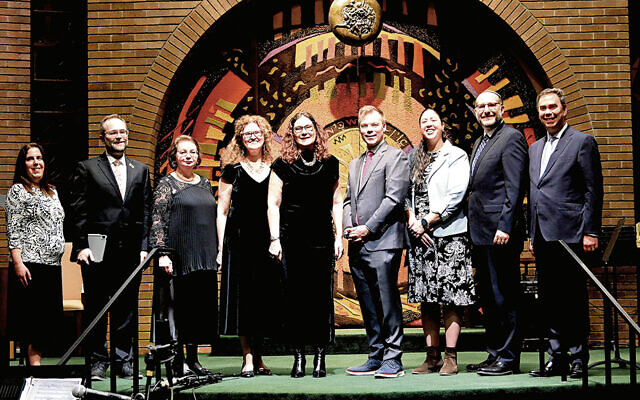 From left: Cantor Laura Breznick; Cantor Joshua Breitzer, president of the American Conference of Cantors; Cantors Marina Shemesh, Natasha Hirschhorn, and Maria Dubinsky; and Rabbis Jim Stoloff, Anat Levin Katzir, Noah Fabricant, and Steven Sirbu of Temple Emeth.