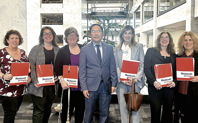 From left: Gail Black of West Caldwell, Leah Felner of Jersey City, Leslie Felner of Fair Lawn, Senator Andy Kim (D-NJ), Hadassah CEO Ellen Finkelstein of Englewood, Debby Mazon of Wayne, and Geri Lipschitz of Wyckoff. (Photos courtesy Hadassah) From left: Gail Black of West Caldwell, Leah Felner of Jersey City, Leslie Felner of Fair Lawn, Senator Andy Kim (D-NJ), Hadassah CEO Ellen Finkelstein of Englewood, Debby Mazon of Wayne, and Geri Lipschitz of Wyckoff. (Photos courtesy Hadassah)