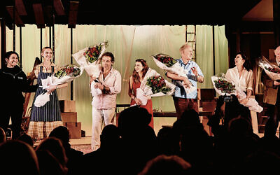 The cast, taking a curtain call after the opening performance, includes Elliot Levey, Aya Cash, and John Lithgow. (Courtesy Giant) The cast, taking a curtain call after the opening performance, includes Elliot Levey, Aya Cash, and John Lithgow. (Courtesy Giant)
