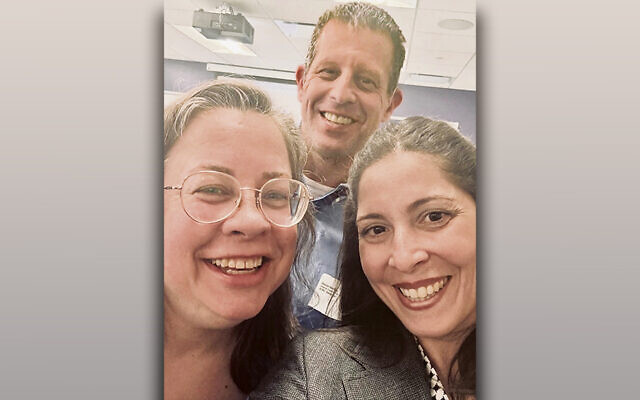 Jennifer Higgins, president of the American Federation of Teachers New Jersey, left, with David Barkey, director of the Jewish Community Relations Committee of the Jewish Federation of Northern New Jersey, and State Assemblywoman Rosy Bagolie.