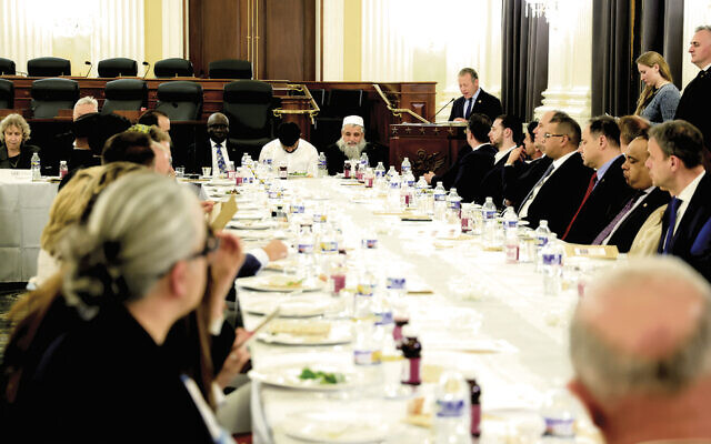 Rep. Josh Gottheimer speaks at the seder (Courtesy Project Legacy)