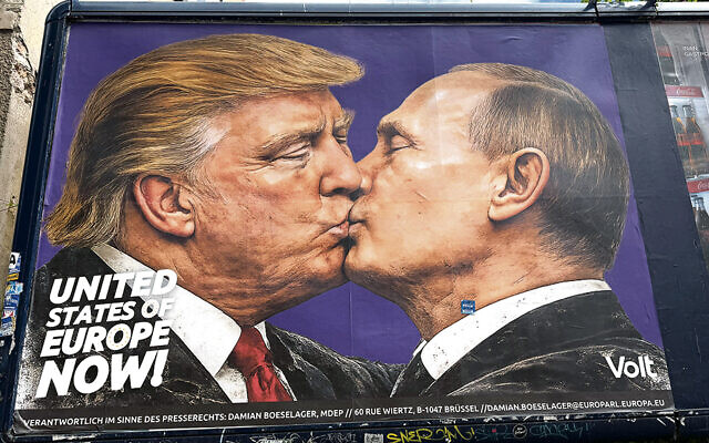 This is a campaign billboard in Germany for the political party Volt, advocating for European unity against the threats from the United States and Russia, which it sees as allies.