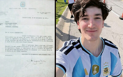 Left: The 1976 letter telling Norberto Rud that his design had been chosen as the Argentine Football Association’s official crest; at right, Rud’s son Oliver wears a jersey featuring his father’s design.
