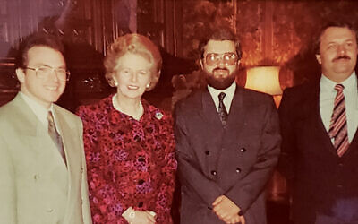 Britain’s Prime Minister Margaret Thatcher always spent time with Russian Jews when she visited the USSR. Here, in 1990, from left, are Mr. Smukler, Valery Engel, and Roman Gefter.