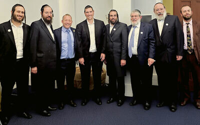From left: Moshe Indig, vice president of CNC Cabinetry; Moshe Schwartz, president of Schwartz Realty; Rep. Josh Gottheimer (D-NJ Dist. 5); Joel Friedman, vice president of JOY Aviation; David Rosenberg, executive director of the NJJBA; Nathan Herzog, president of Royal Wine; Ari Stahl, vice president of Engel Holdings, and Mark Greenbaum, senior advisor to Congresswoman Nellie Pou (D-NJ Dist. 9). (Courtesy NJJBA)