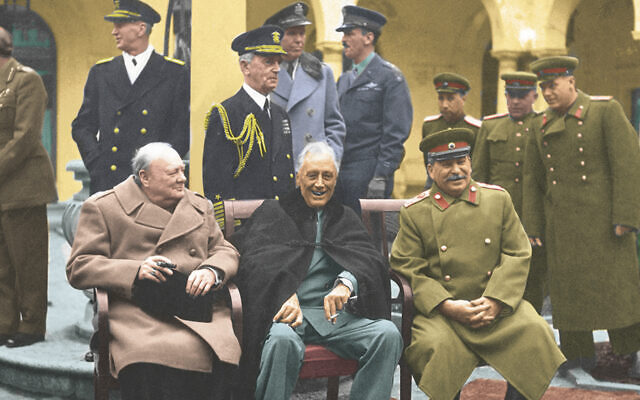 Winston Churchill, Franklin Roosevelt, and Josef Stalin sit together in this improbably colorized version of the 1945 Yalta conference. (U.S. Army/Public Domain